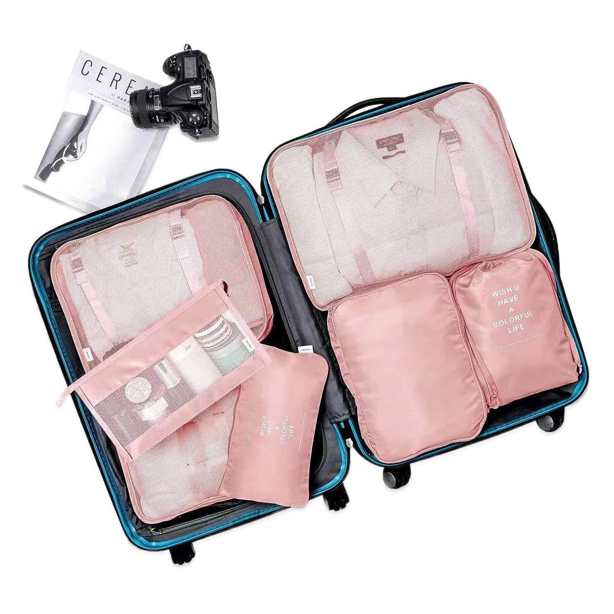 Juego de 7 Piezas de Bolsas de Almacenamiento para Viaje, para Clasificación de Ropa, Aseo y Equipaje, con Cordón y Bolsillos Multifuncionales.