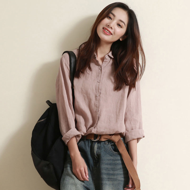 [신강면] 예술면 · 리넨 셔츠 여성 신톱 디자인 틈새 느슨한 긴팔 리넨 셔츠