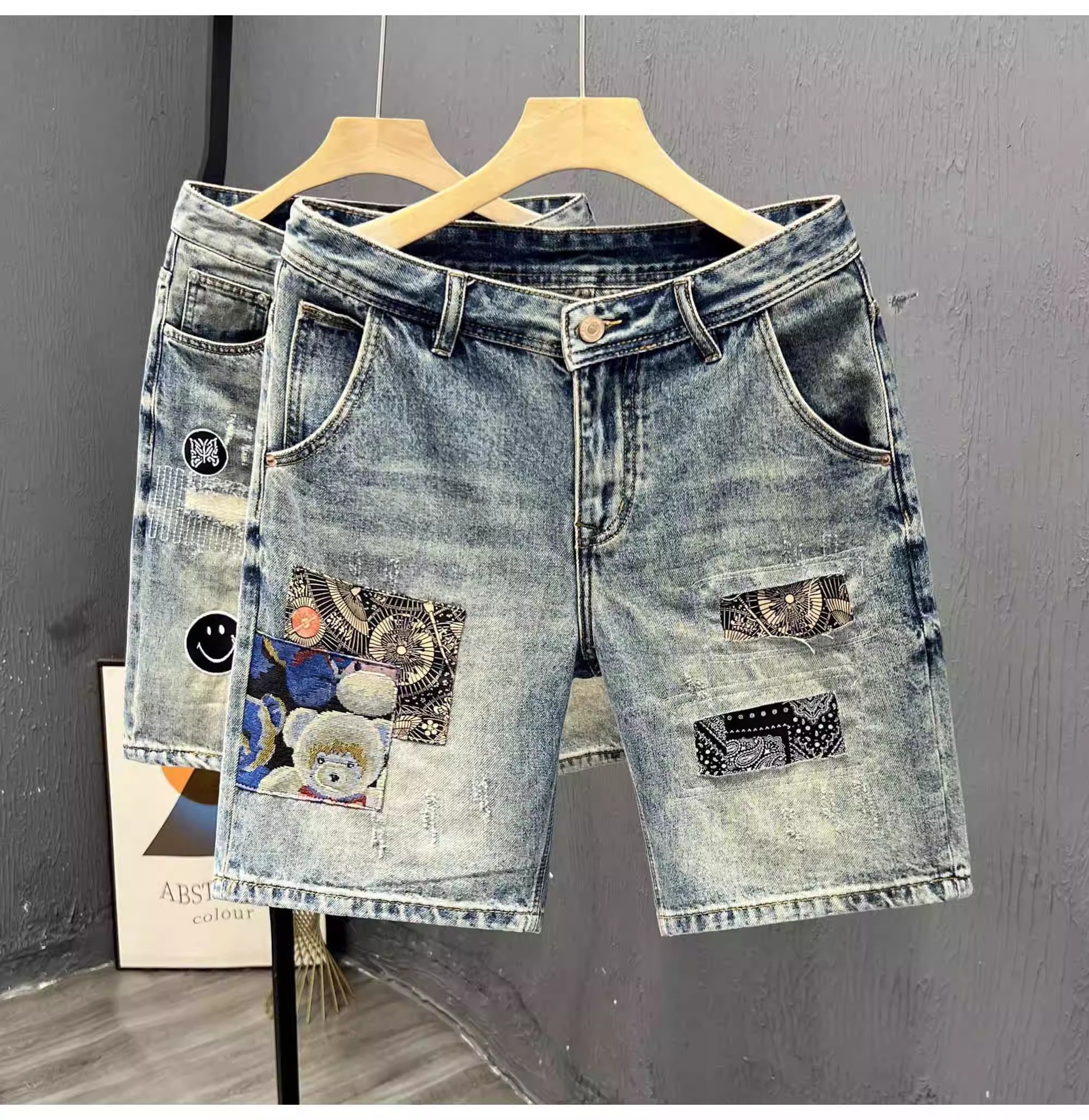Men's Denim Shorts Patchwork Embroidery Ripped High Street Style_voghion.com