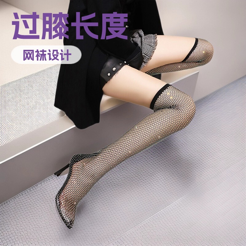 Trendy Bling Bling Rhinestone Over-The-Knee Boots Hollow Fishnet Boots Fashion Stiletto High Heels Ins Women's Shoes Trendy Bling Bling Rhinestone Over-The-Knee Boots Hollow Fishnet Boots Fashion Stiletto High Heels Ins Women's Shoes
