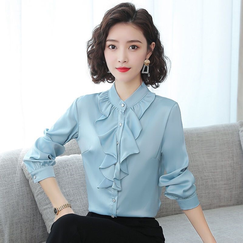 Women's Shirt 2026 New Spring and Autumn Fashion Stand Collar Long Sleeve Chiffon Shirt Slimming Professional Ruffle Trim Base Shirt Women's Shirt 2026 New Spring and Autumn Fashion Stand Collar Long Sleeve Chiffon Shirt Slimming Professional Ruffle Trim Base Shirt