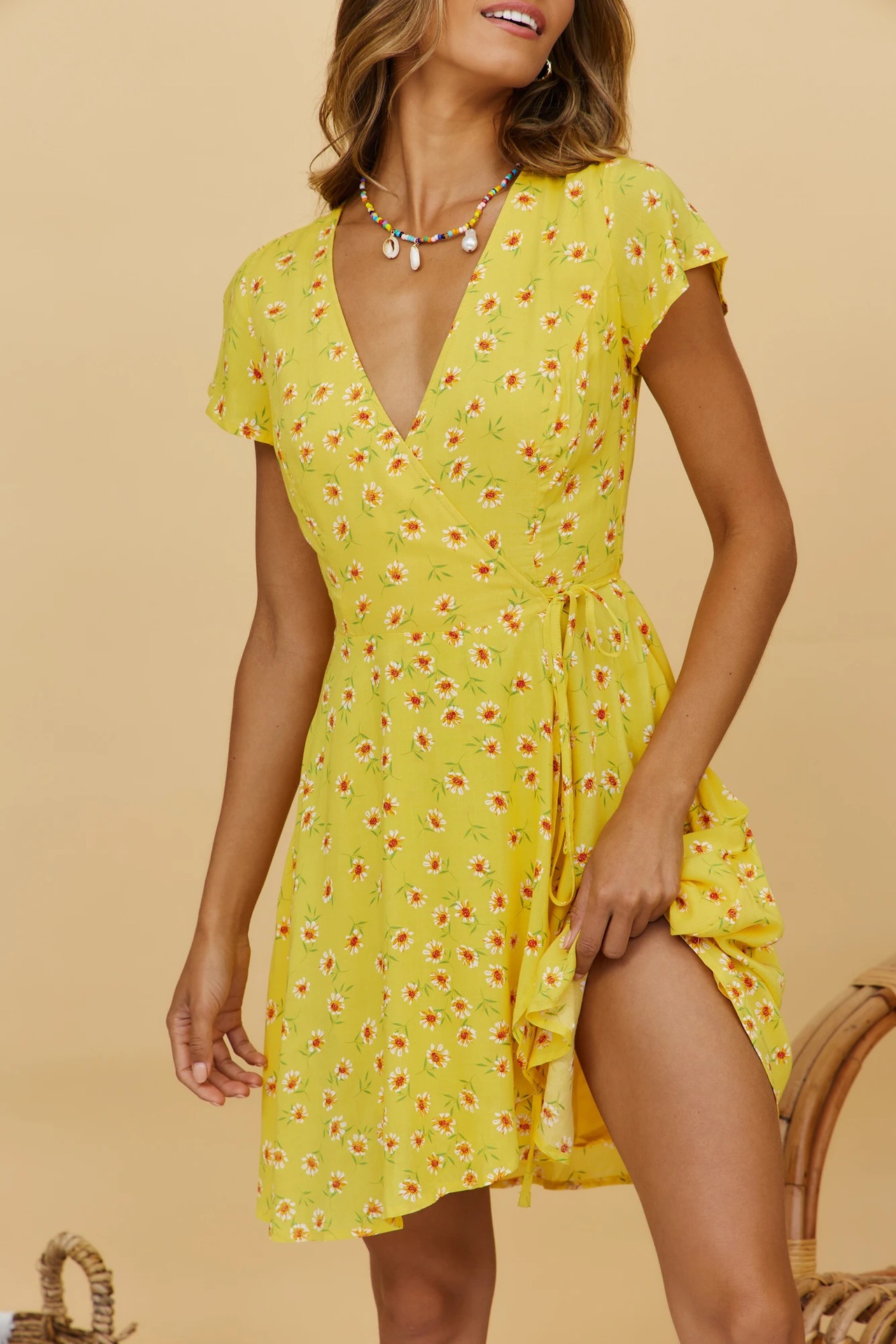 V-Neck Short-Sleeved Flower Print Lace-Up Dress NSHM114934