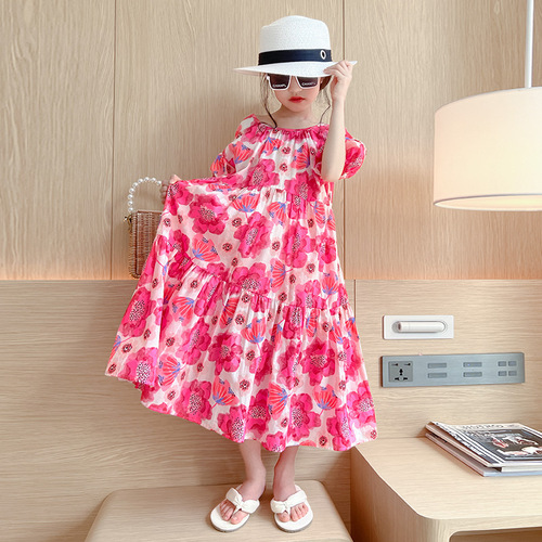 Girls Dress Summer Thin Cotton Skirt Children's Casual Princess Dress Cute Flower Puff Sleeve Long Skirt