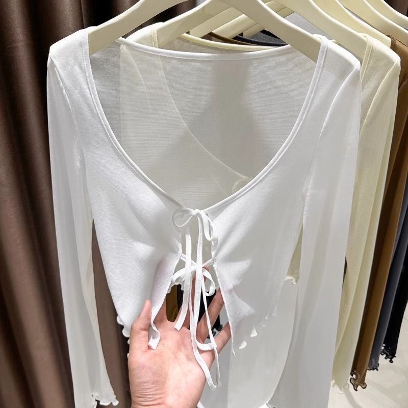 アイスシルクメッシュショール日焼け防止服女性のための春と夏のデザインレースアップカーディガン薄いブラウストップ|undefined