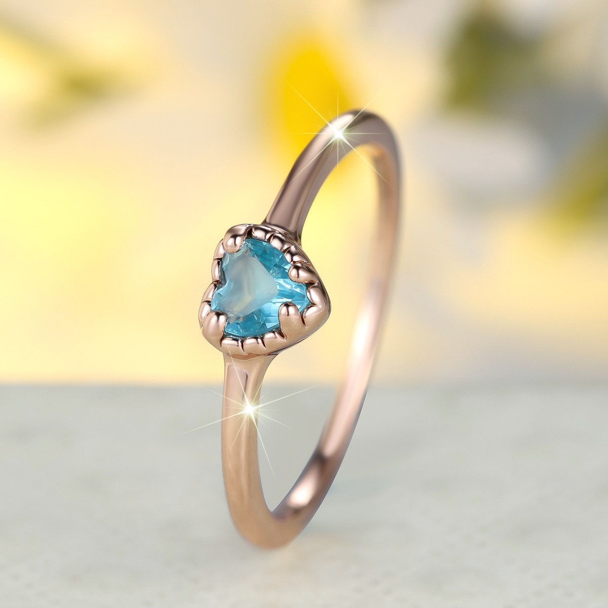 European and American Cross-Border Ins Rose Gold Heart-Shaped Light Blue Zircon Ring, Simple Daily Commute High-End Engagement Wedding Ring