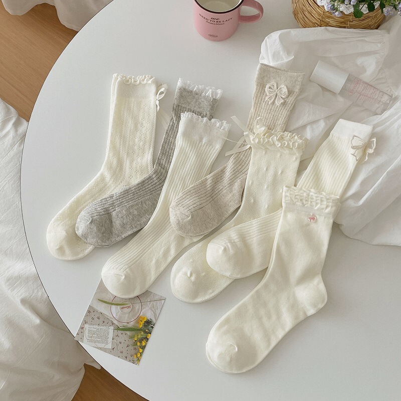 Spring and Summer Thin Bow Cute Ballet Style White Socks Women's Mid-length Socks Ins Fashionable Outfit Pile Stockings