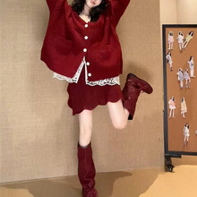 芊语 韩系上衣复古针织毛衣红色套装裙高级感巨好看的秋冬装