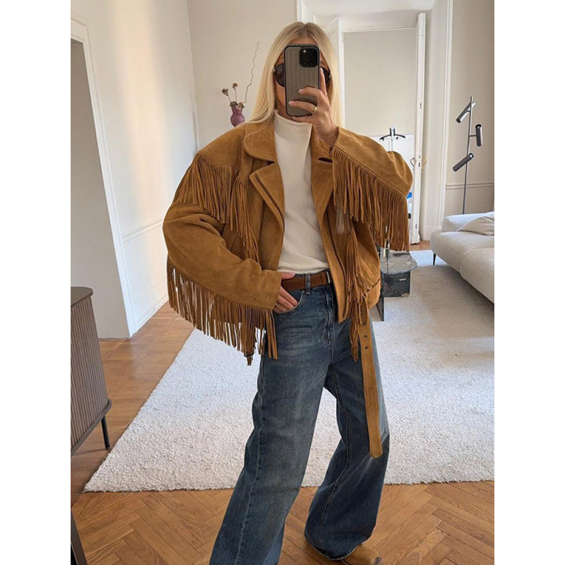 Casual Retro Style Lapel Tassel Wide Shoulder Suede Jacket for Women 2025 Cross-Border European and American Style Autumn and Winter New Style