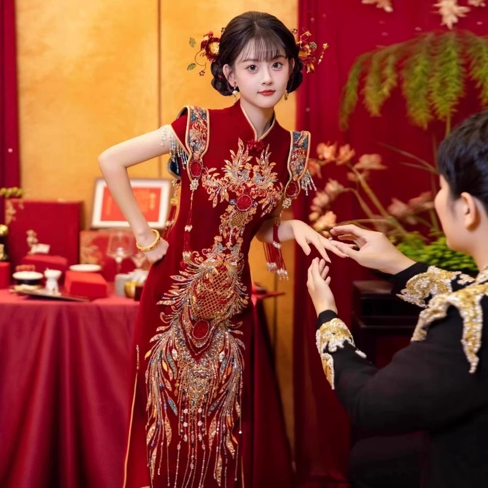 Новое свадебное платье в китайском стиле Xiuhe, модель 2026 года, свадебное ципао для банкета по случаю возвращения домой, платье для помолвки, кимоно.
