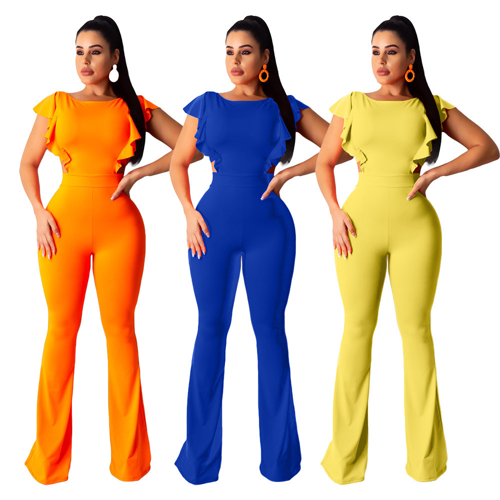 Bn051 European and American Women's Clothing Cross-Border Casual Women's Clothing Flying Sleeve Pure Color Wide-Leg Flared Jumpsuit