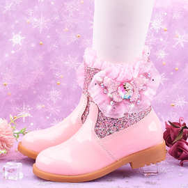 爱莎女童靴子秋冬新款儿童公主短靴防水加绒棉靴洋气骑士靴可代发