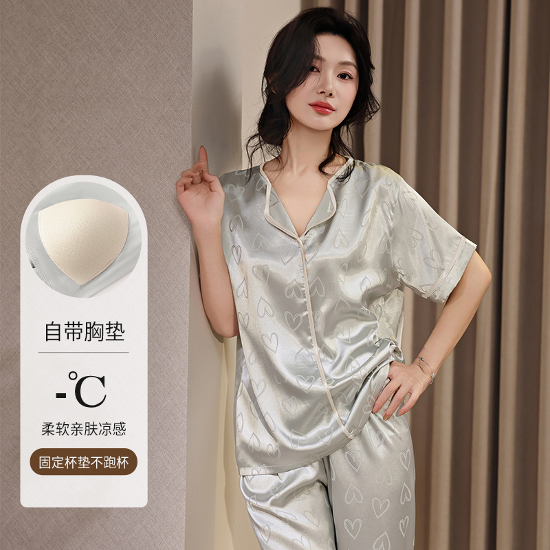 [Ice and Snow Silk] New Ice Silk Pajamas Women's Summer Large Size Padded Short-Sleeved Cropped Pants Home Clothes Set