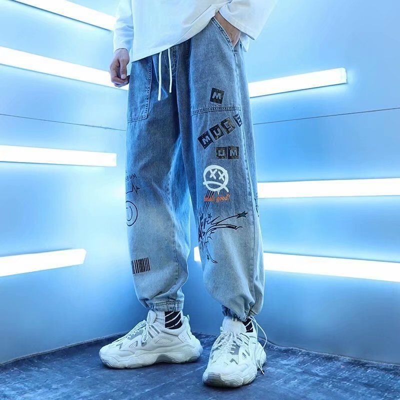 Jeans men's fashion brand rap hip hop graffiti cartoon straight wide-leg pants trendy gradient loose ankle-tied harem pants