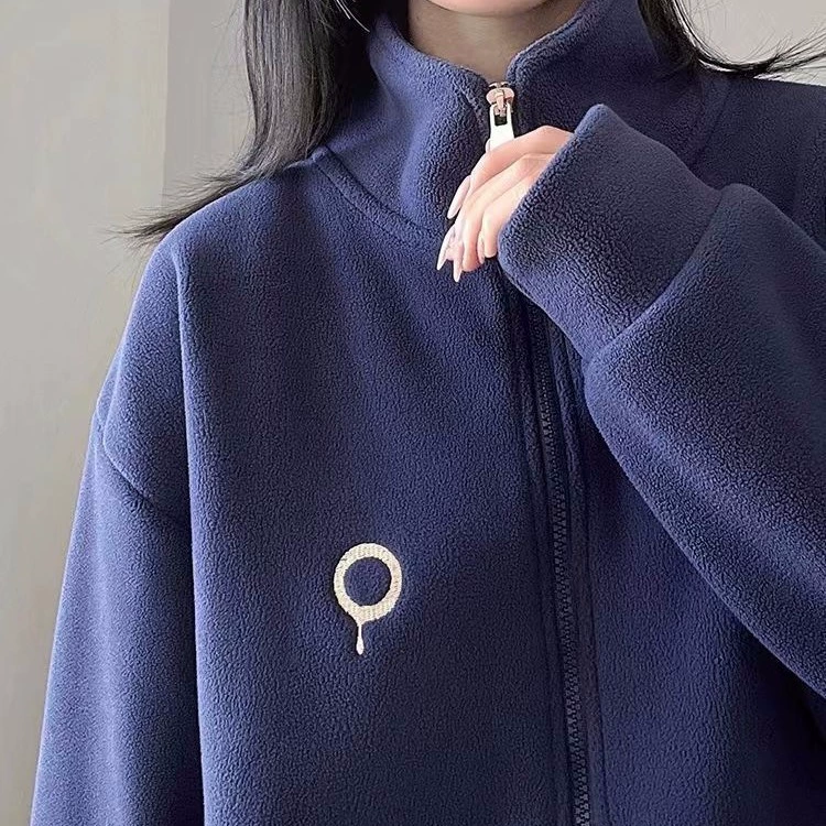 Полярный флис с вышитым узором, новая зимняя свободная утолщенная верхняя одежда из овечьей шерсти, женская толстовка, полуводолазка, миниатюрный топ