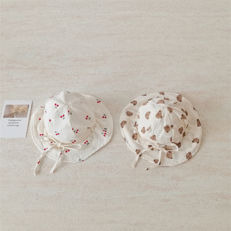 Chapéu de sol para bebé em gaze de algodão com estampado urso_voghion.com