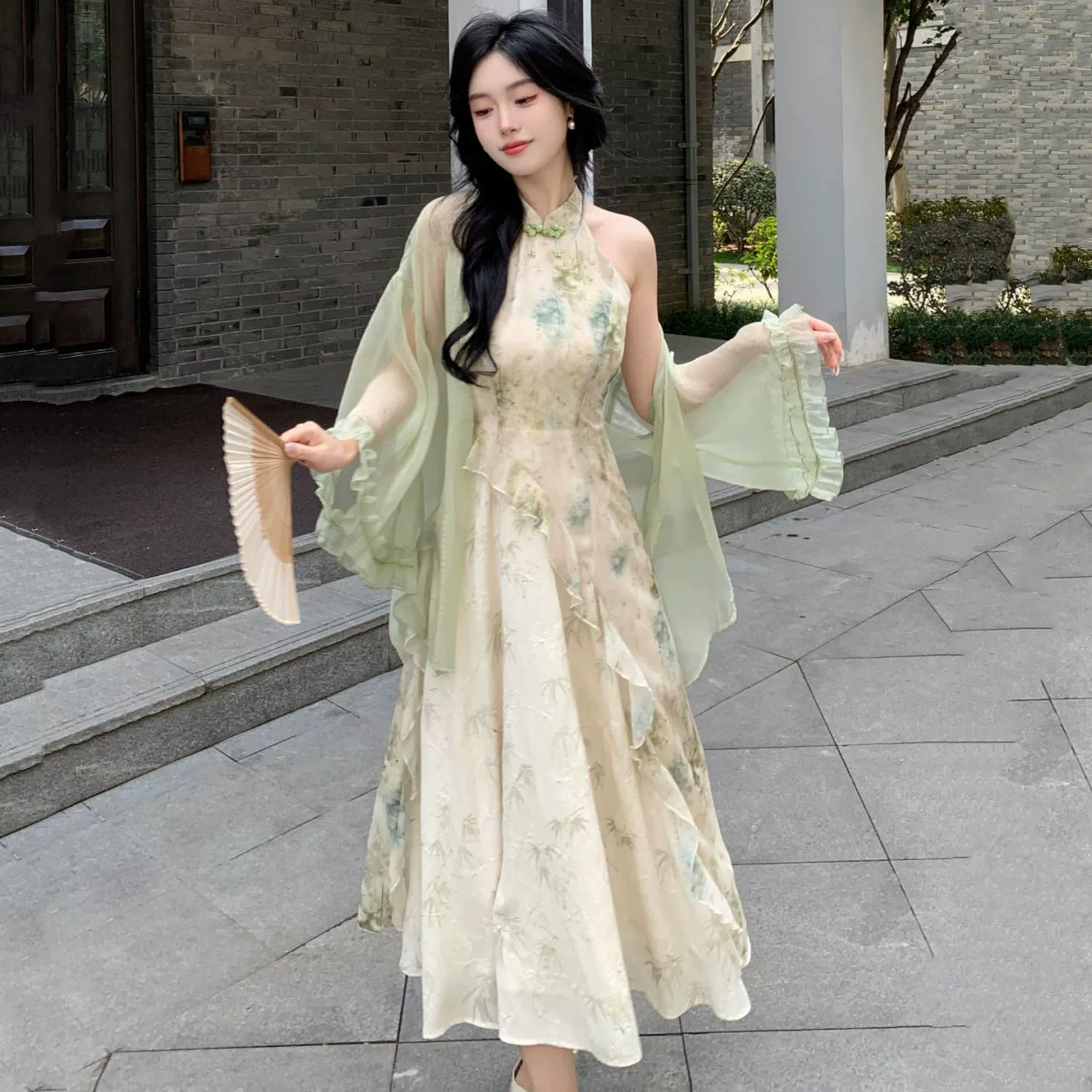 Новое платье больших размеров в китайском стиле с рюшами и принтом на бретельках, тонкий кардиган, комплект феи, лето 100kg