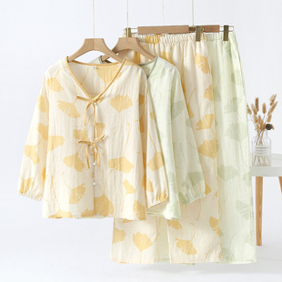 Double-Layer Gauze Pajamas for Women in Summer, Light and Pastoral Style, Spring and Autum Thin Pure Cotton Gauze Nine-Quarter Sleeve Home Clothes