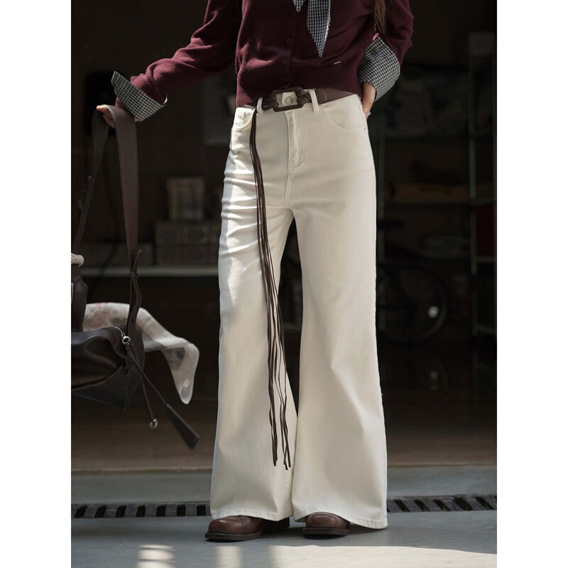 Louvre's New Autum Korean Style Fashionable Simple Style Wide-Leg Jeans with Rope Belt Pants for Women