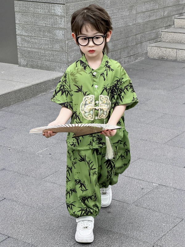 新しい子供の中国風スーツ夏の男の子の唐スーツ漢服半袖9点パンツ古代スタイルの新しい中国風の2点セット|undefined