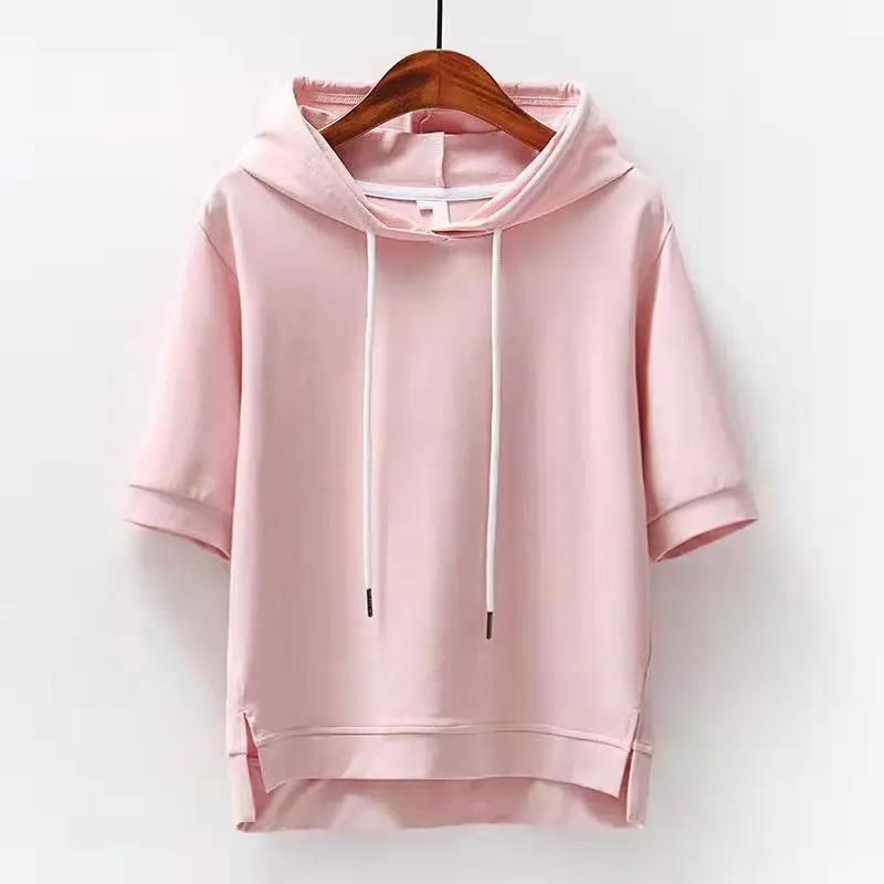 2025 Cotton Korean Style Sweatshirt Loose Pure Color New Spring and Summer Half-Sleeved Slit Five-Quarter Sleeve Hooded T-Shirt Top Women's Clothing