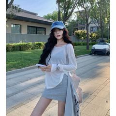 白色薄款透視慵懶風寬鬆長袖T恤女夏外穿防曬罩衫韓版簡約上衣