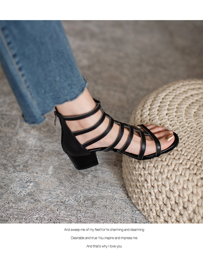 Sandal nữ cao gót siêu cao da bò kiểu La Mã cổ cao gót thô — Màu đen chi tiết 15
