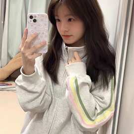 秋季糖果色三条杠立领夹克外套女百搭宽松休闲感拉链开衫上衣