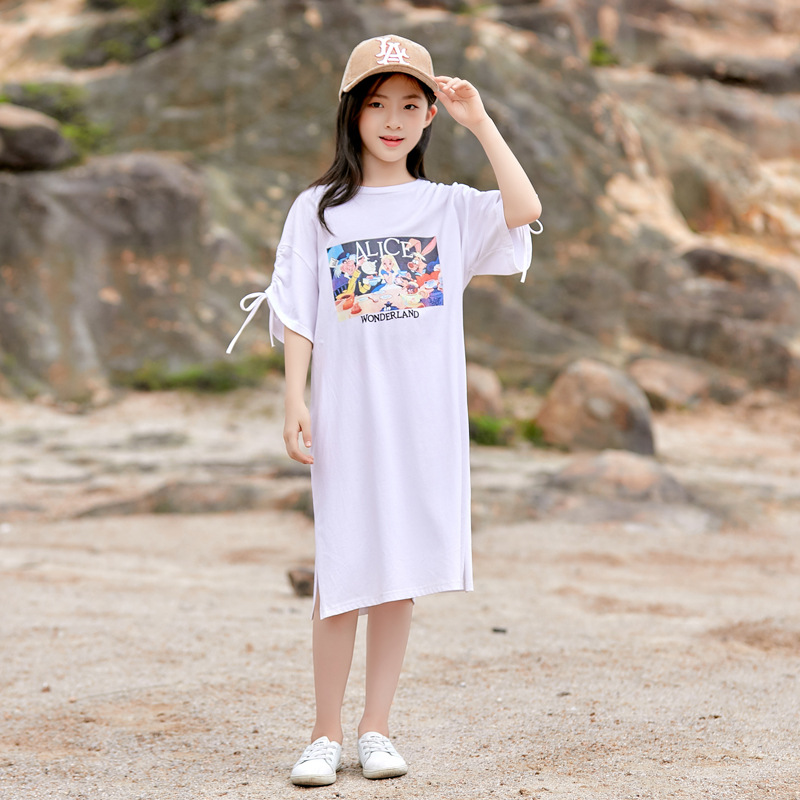 Vestido de las niñas verano 2024 nuevo estilo occidental medio y grande falda de algodón para niños moda verano manga corta Camiseta falda casual