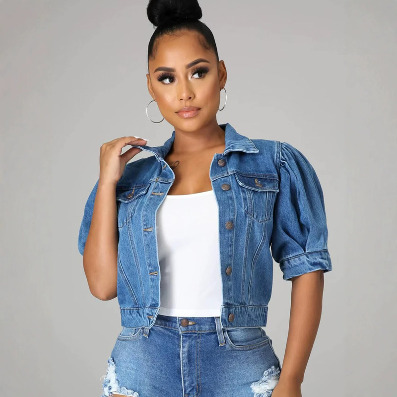 Amazon Denim Jacket for Women Hot-Selling New Style Denim Jacket Short-Sleeved European and American Style Fashion Retro Denim Outerwear Cross-Border