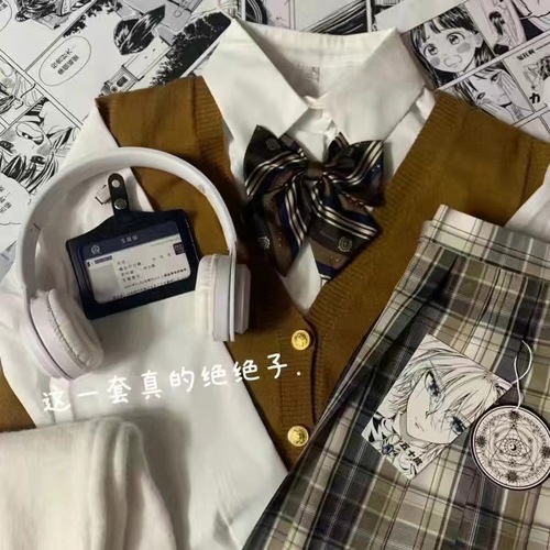 Coffee stripe badge bow tie JK/DK school student uniform college style Korean style plaid bow tie flower h brand