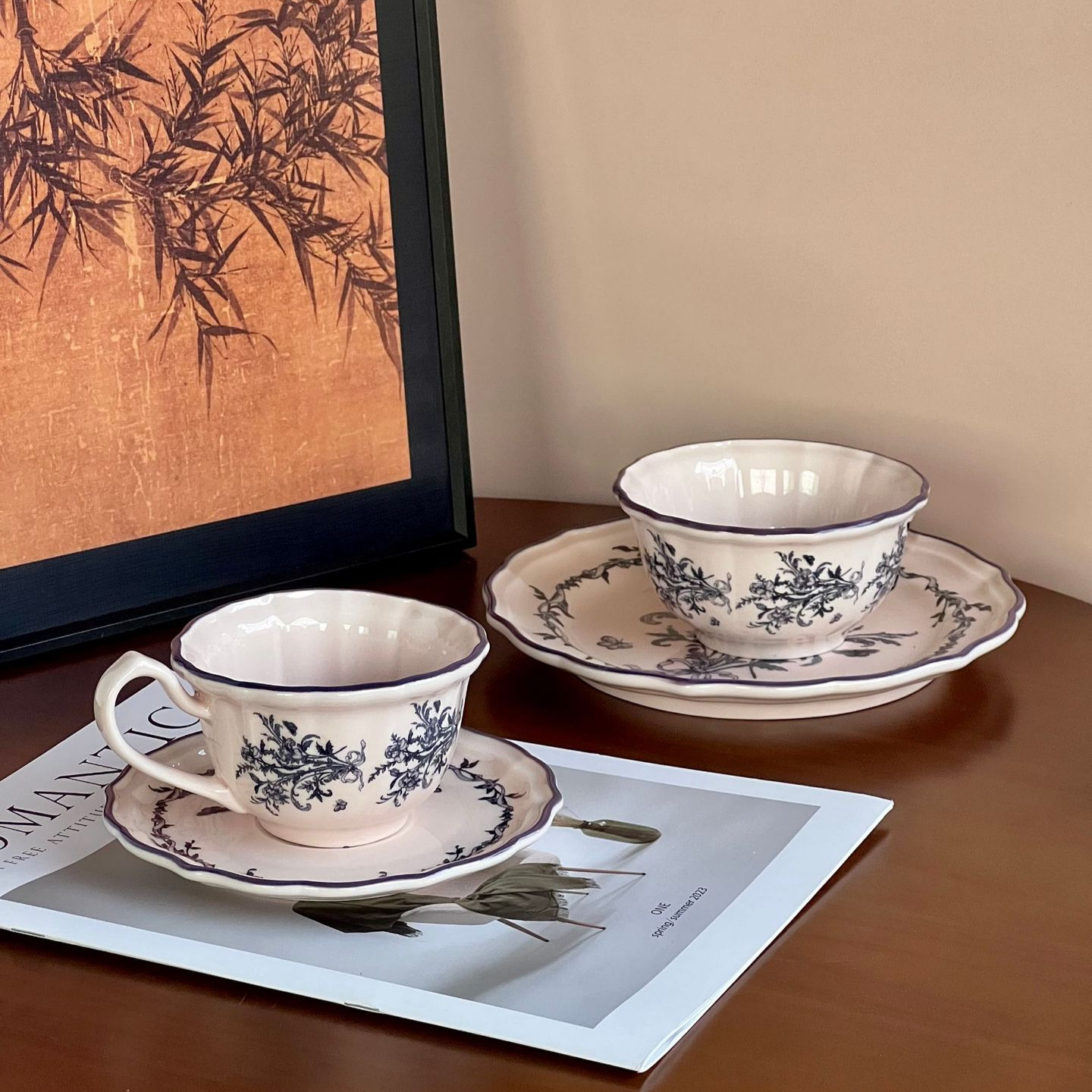 European-Style Blue and White Orchid Light Plate 4.5inch Rice Bowl Coffee Cup and Saucer Home Tableware Set Gift Ceramic