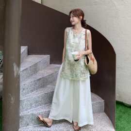 新中式国风提花流苏背心套装女2026夏设计感宽松休闲阔腿裤两件套