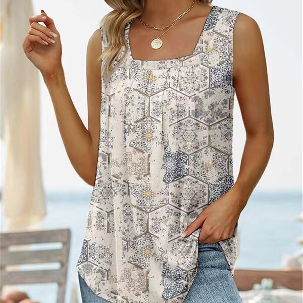 2024 Amazon New Style Wish European and American Summer Sleeveless Square Neck Printed Tank Top T-Shirt Cross-Border Women's Clothing 2024 Amazon New Style Wish European and American Summer Sleeveless Square Neck Printed Tank Top T-Shirt Cross-Border Women's Clothing