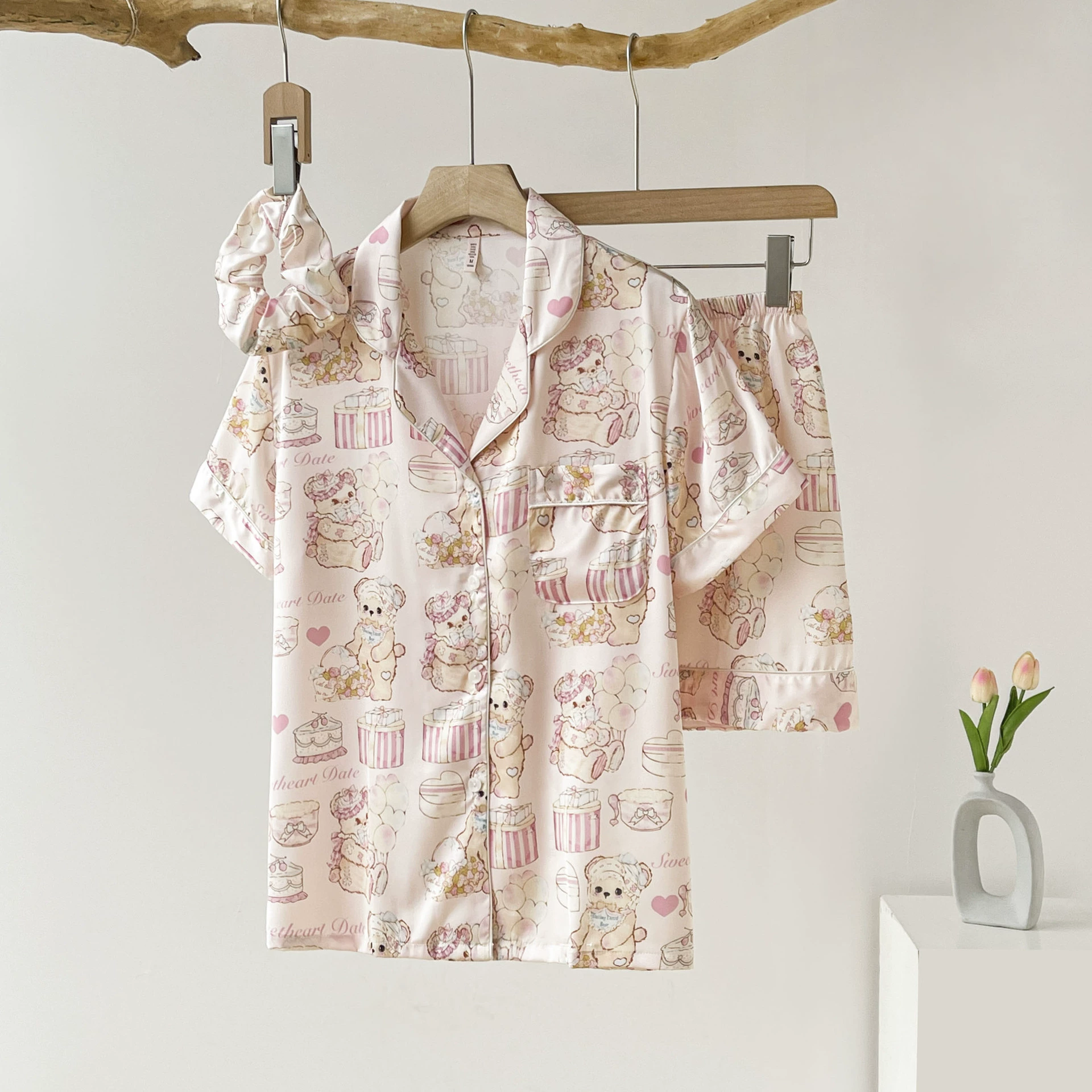 2024 новая пижама женская летняя медвежонок торт чистая девушка снежный шелк розовый мультяшный костюм с короткими рукавами