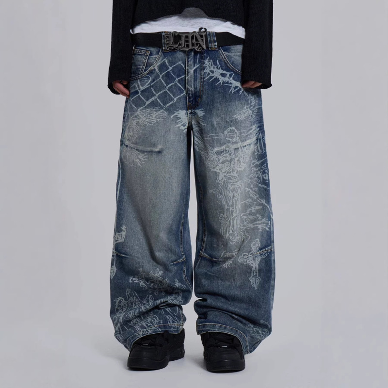 Winter Fashion New High Street Trend Color-Blocking Angel Pattern Print Vintage Washed Jeans Gothic Clothing Winter Fashion New High Street Trend Color-Blocking Angel Pattern Print Vintage Washed Jeans Gothic Clothing