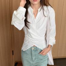 小众设计感 交叉收腰显瘦长袖衬衫别致V领上衣衬衣 2色