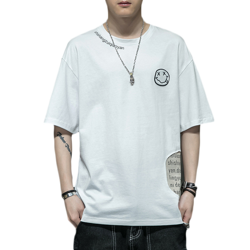 Men's 2023 Summer New Pure Cotton Short Korean Edition Trendy Brand Smiling Face Bottom Shirt Versatile Half sleeved_voghion.com
