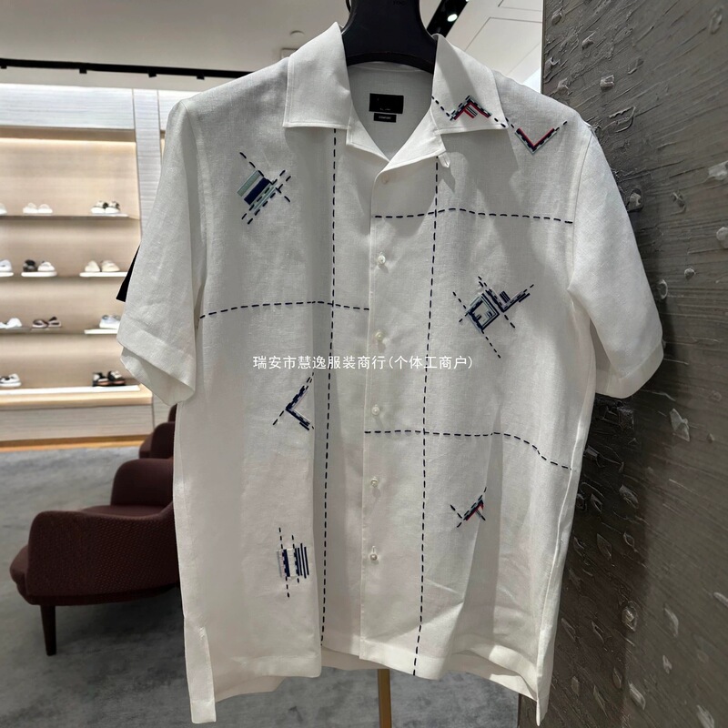 Ceiling Cross-Border 26 Summer New FF Line 3D Embroidered Shirt Logo Trendy Brand Loose Short Sleeve Shirt for Men