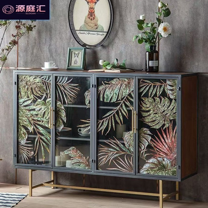 American-Style Enamel Painted Glass Door Storage Cabinet Shoe Cabinet Home Dining Room Light Luxury Entryway Cabinet Wrought Iron Storage Sideboard
