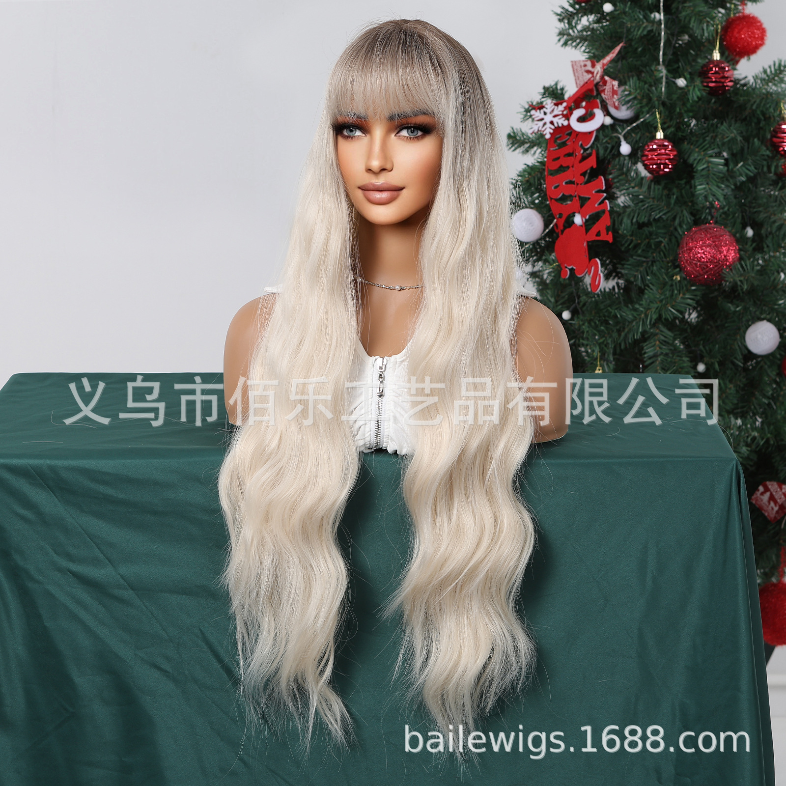 Peluca de Navidad de estilo europeo y americano blanco dorado superior gradiente flequillo onda grande pelo largo y rizado pelo completo cubierta de la cabeza