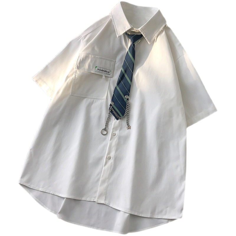 Comercio exterior japonés retro delgada JK corbata camisa verano de los Hombres estilo coreano moda suelta ins pareja todo partido color sólido