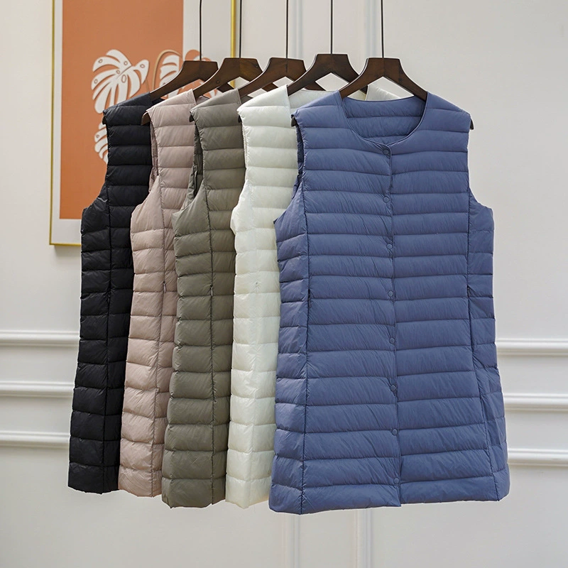 Легкий пуховик, женский жилет средней длины с круглым вырезом, осенне-зимний новый жилет с переменным V-образным вырезом