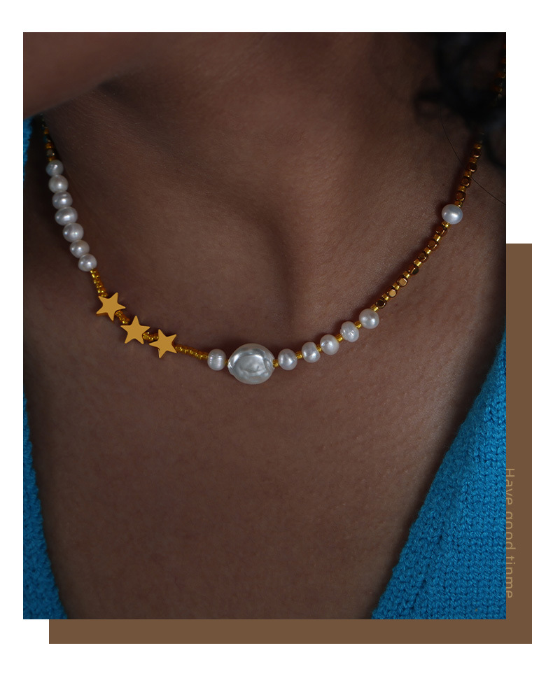 Real Gold Plated Plating Material 304 Stainless Steel Pendant Material Necklace Classification PVD Coated Real Gold Plated 18K Gold Pentagram Freshwater Pearl Titanium Steel Waterproof Non Tarnish 304 Stainless Steel Necklace