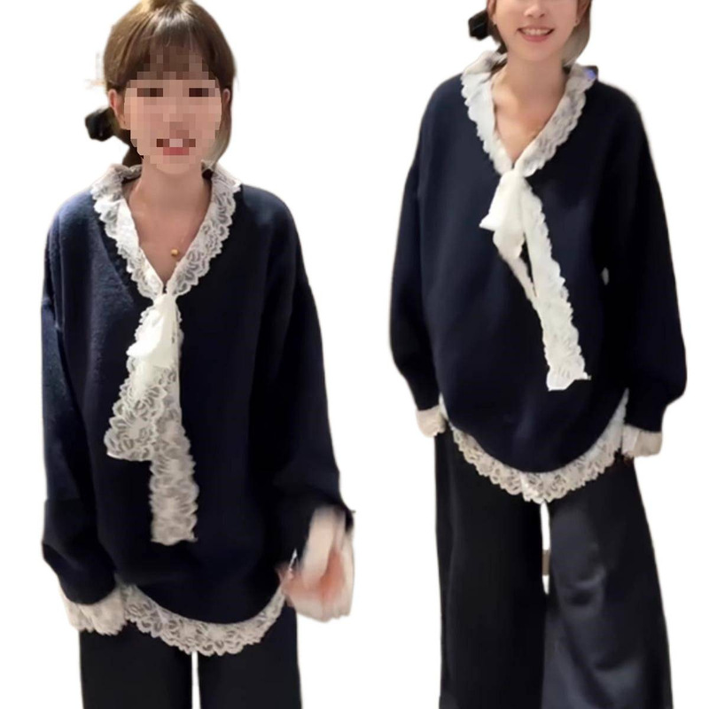 蕾丝毛衣韩系蕾丝拼接毛衣女秋季慵懒风小众宽松显瘦别致套头上衣|undefined