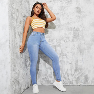 Overseas Warehouse Spot Cross-Border Delivery European and American Large Size Small Feet Jeans Elastic Waist Temu Amazon Shein