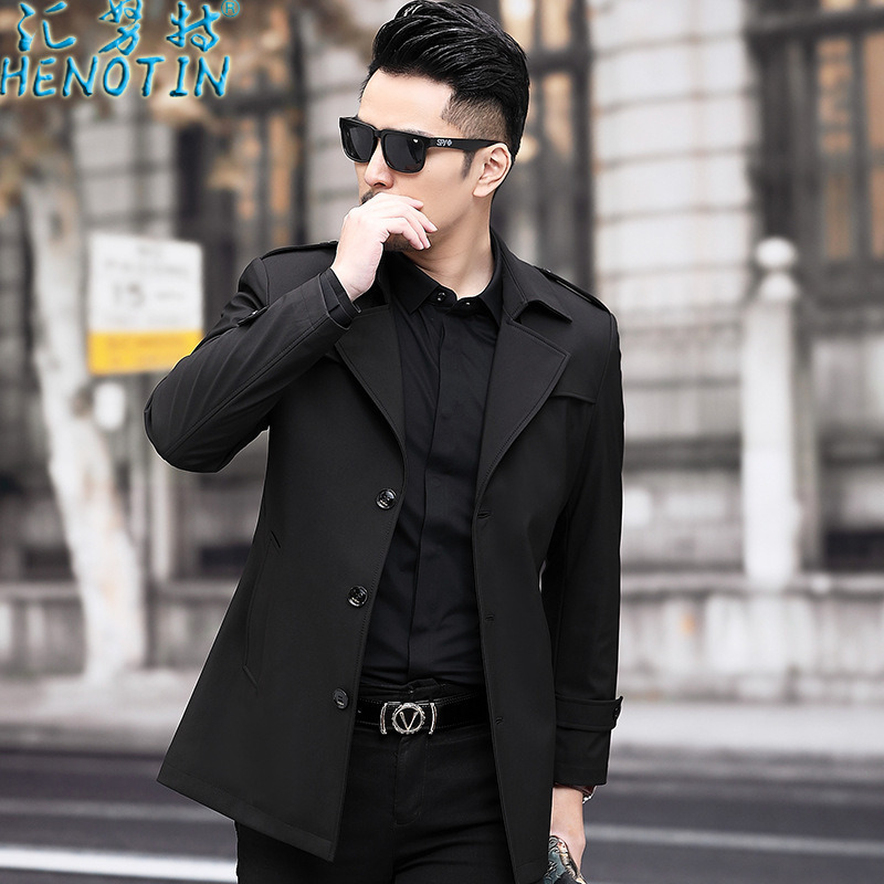 Huinute Spring and Autumn Men's Single-breasted Dress Collar Coat Korean-style Middle-aged Men's Mid-length Business Jacket