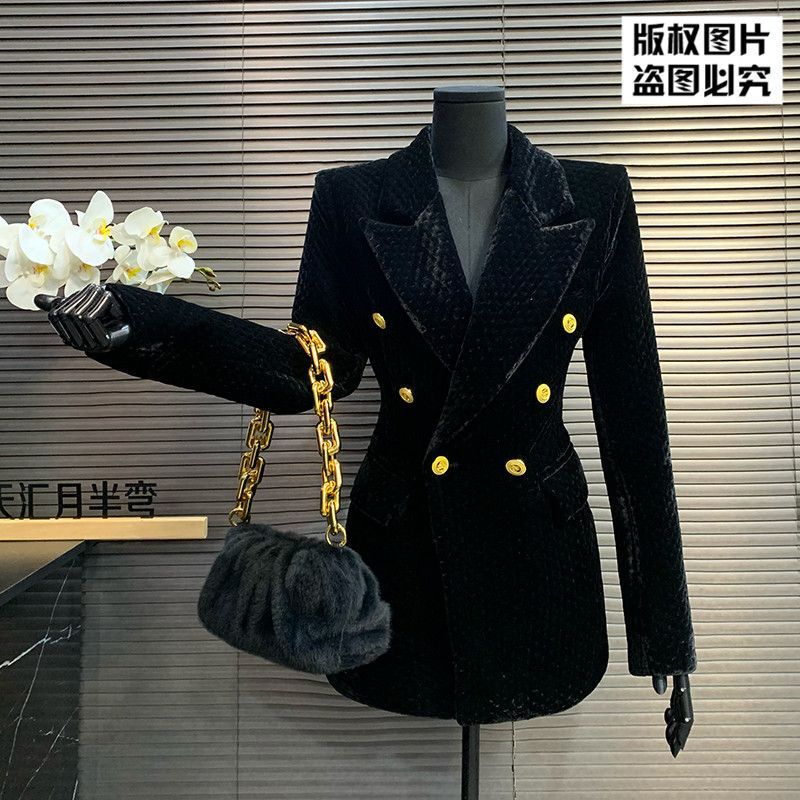 J7H2025 New Winter Gold Velvet Plus Cotton Slim Suit Jacket Feminine Double-Row Waist Slimming Look and Warm