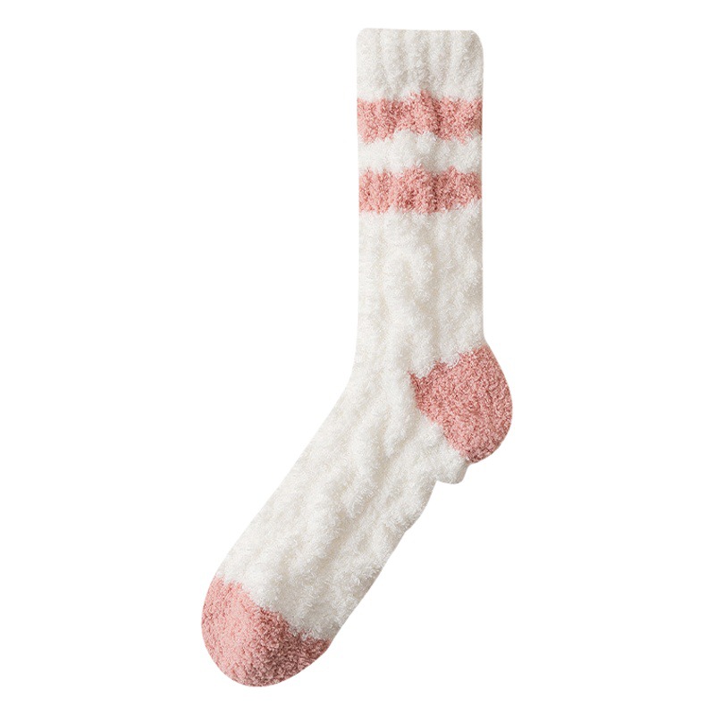Lana de coral a media pantorrilla para mujer forrada con forro polar forrada al frío cálido noreste rayas calcetines de confinamiento para dormir calcetines de piso grueso