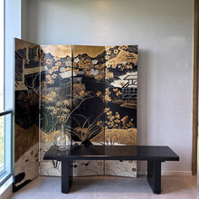 可金箔漆画手绘屏风黑色现代中式法式木质移动隔断屏风