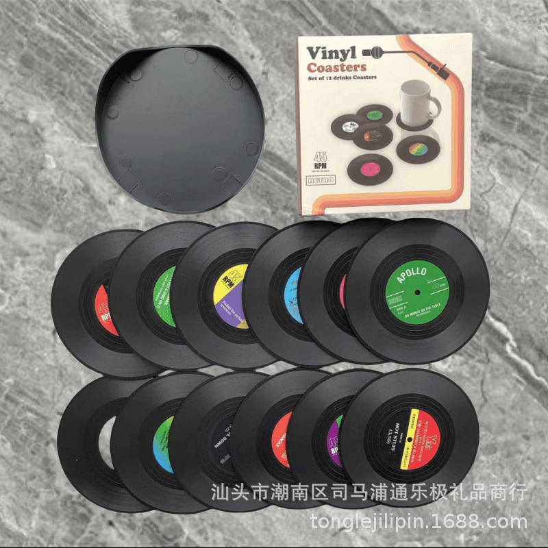 复古唱片杯垫黑胶餐垫RetroVinyl咖啡杯垫防滑隔热垫圆形|undefined